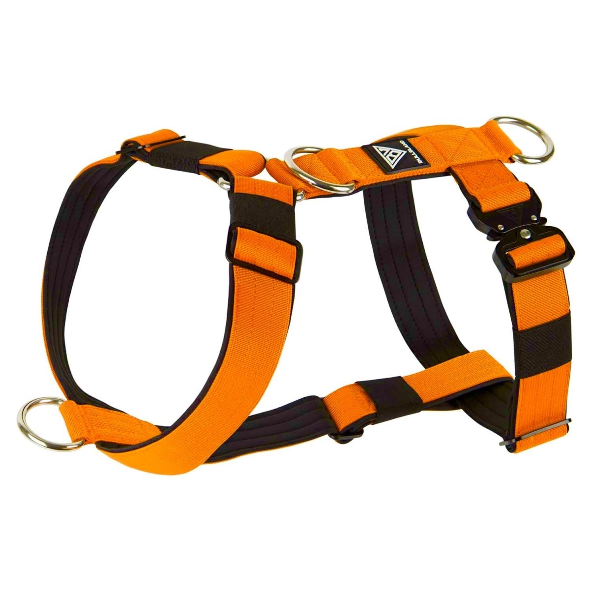 Seitliche Ansicht des taktischen Y-Geschirrs in Orange mit D-Ringen aus Edelstahl.