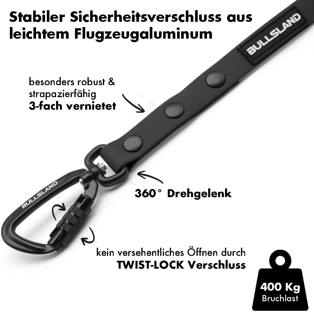 PVC Schleppleine für Hunde – wasserfest & pflegeleicht, mit Twist‑Lock Sicherheitskarabiner & Neopren-Griff – Schwarz