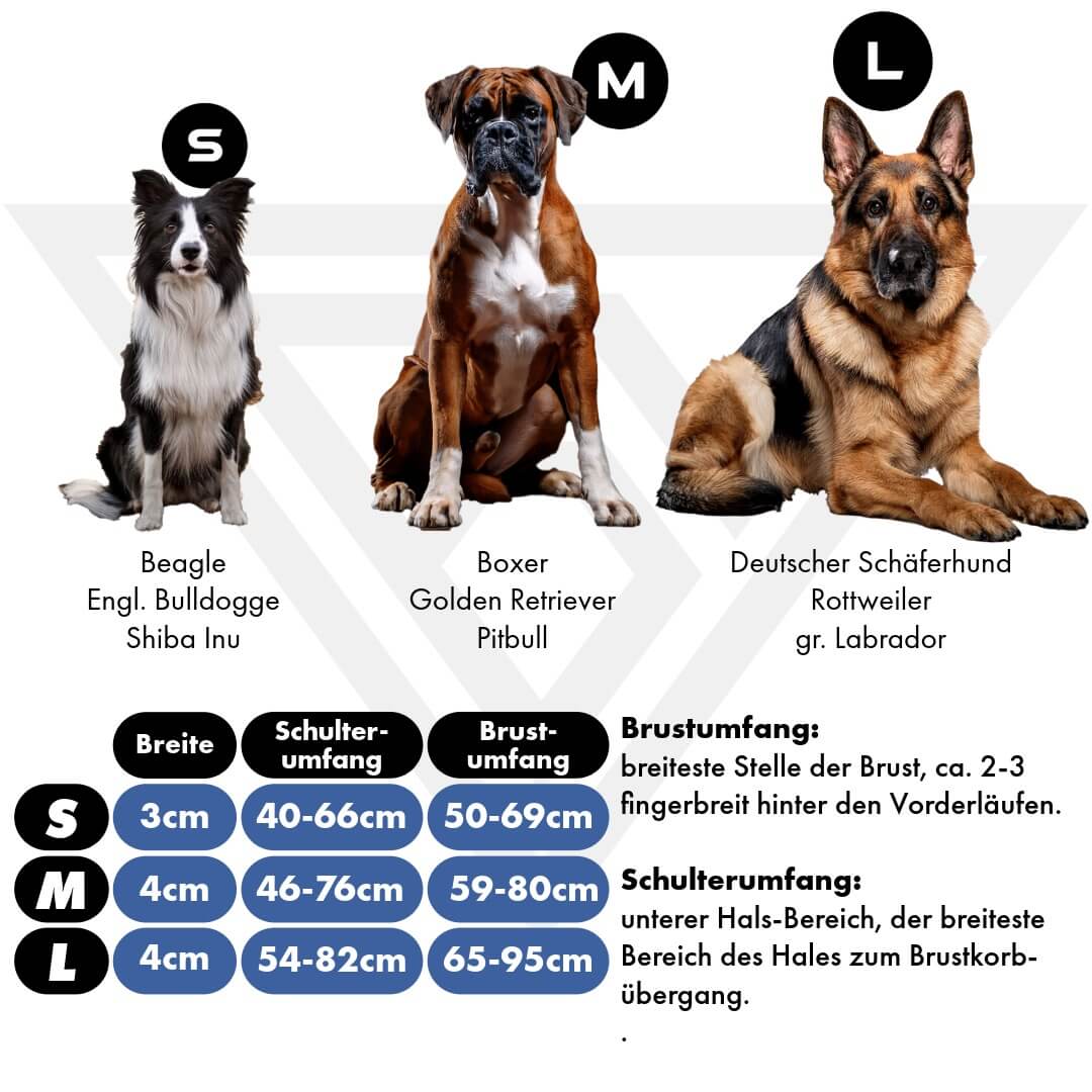 Größentabelle für das taktische Y-Hundegeschirr in den Größen S, M und L.