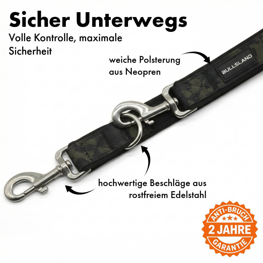 Hundeleine mit Edelstahl Karabiner- 3-fach verstellbar – mit Neoprenpolster - Black Camo