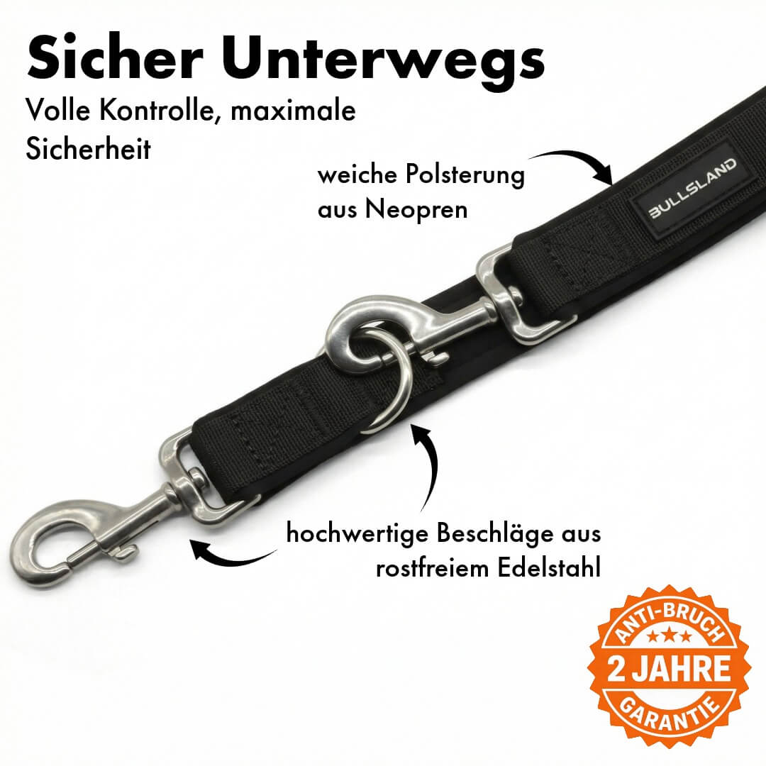 Hundeleine mit Edelstahl Karabiner- 3-fach verstellbar – mit Neoprenpolster - Schwarz
