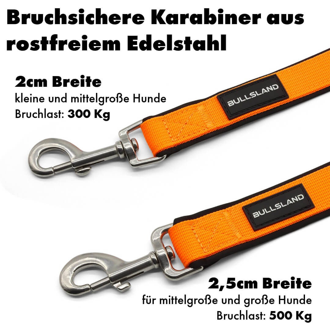 Hundeleine mit Edelstahl Karabiner- 3-fach verstellbar – mit Neoprenpolster - Orange