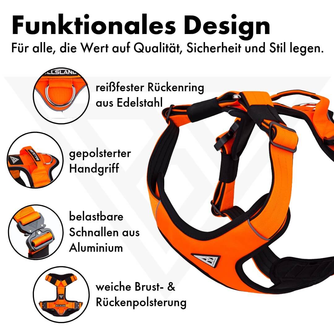 Gepolstertes Hundegeschirr "Titan" - mit Sicherheitsschnallen, Handgriff & Neopren gepolstert - Orange