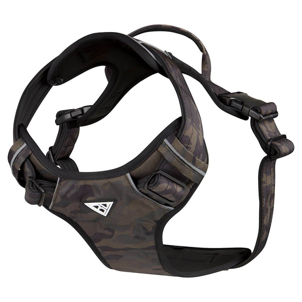 Gepolstertes Hundegeschirr in Black Camo mit robustem Design und Handgriff.