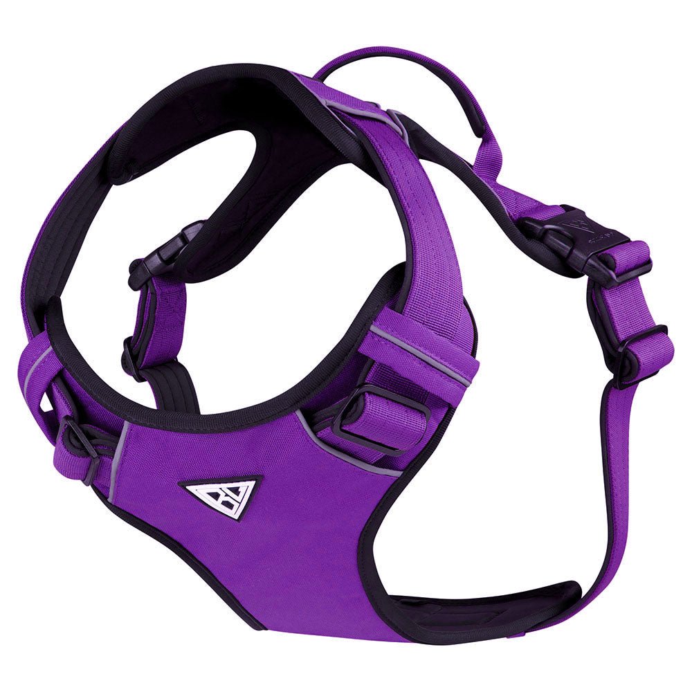 Gepolstertes Hundegeschirr in Lila mit robustem Design und Handgriff.