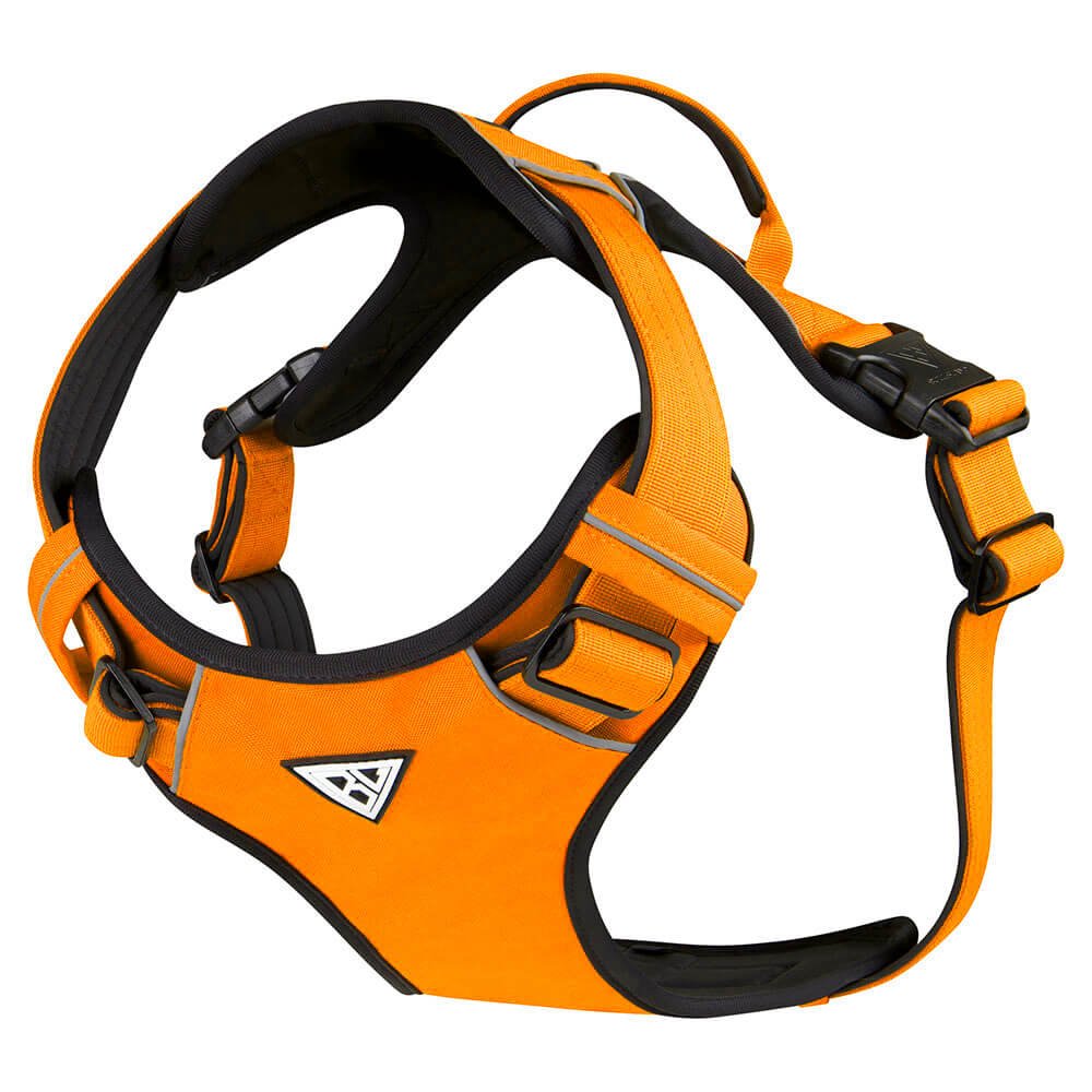 Gepolstertes Hundegeschirr in Orange mit robustem Design und Handgriff.