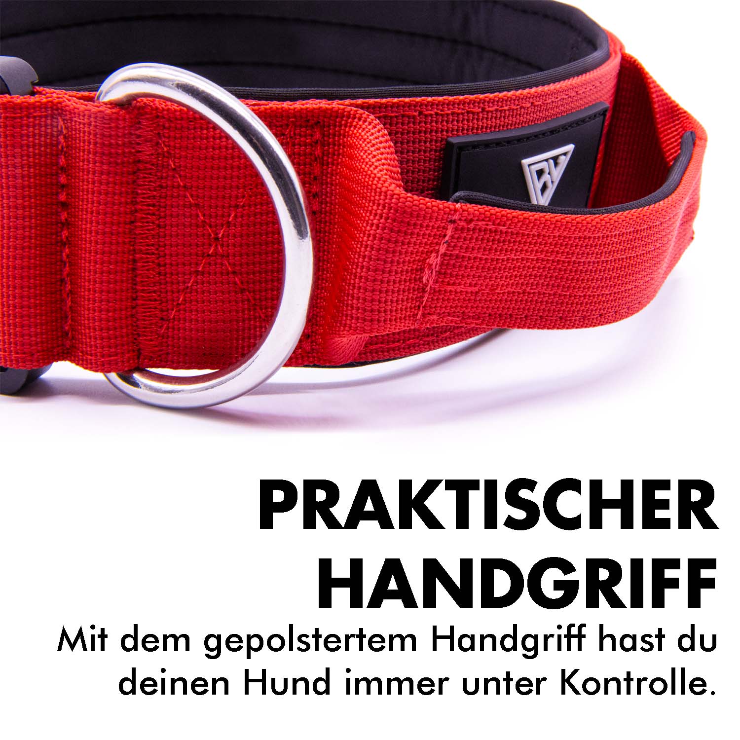 Rotes Hundehalsband mit praktischem Handgriff für optimale Kontrolle.
