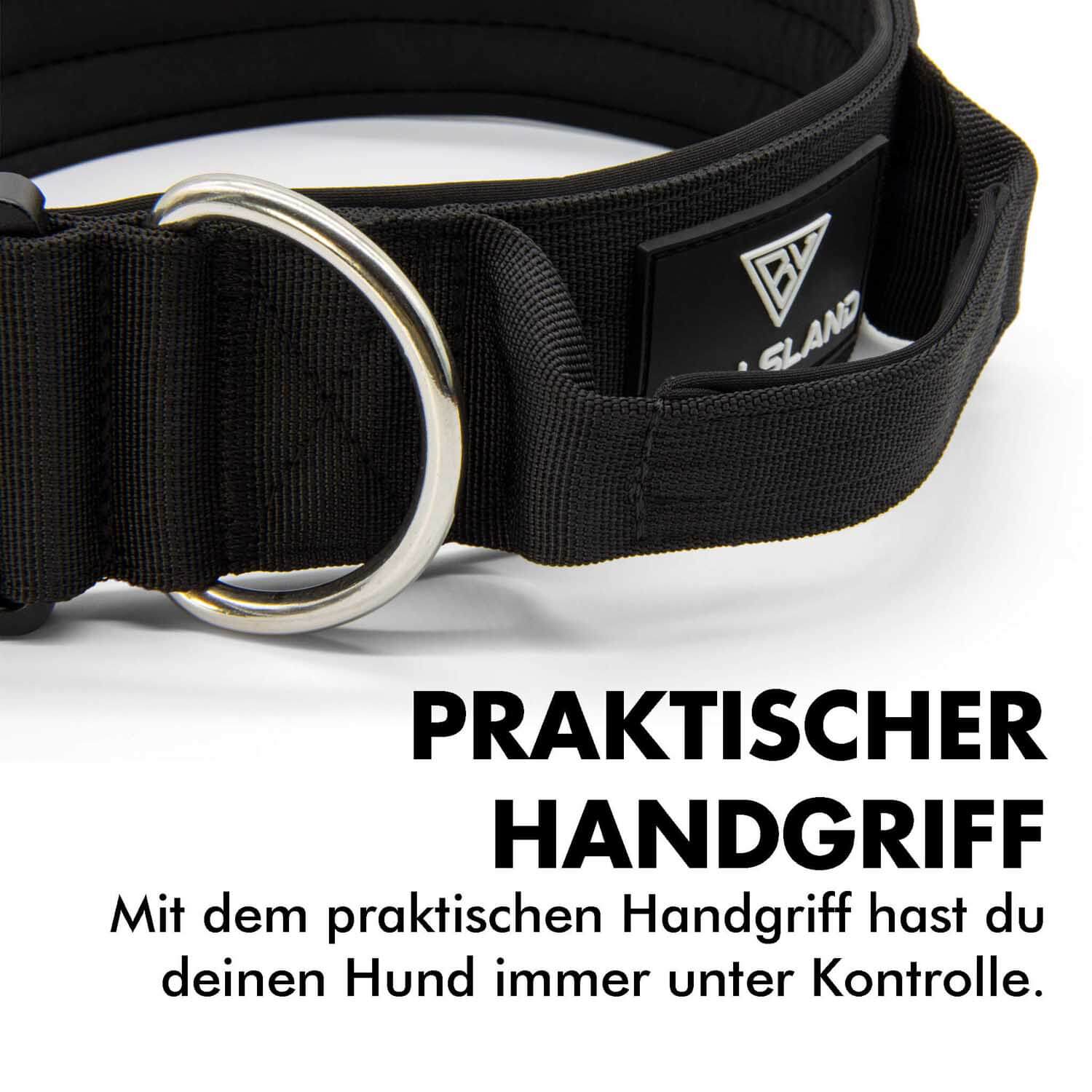 Taktisches Hundehalsband mit praktischem Handgriff von Bullsland Dogwear in schwarz.