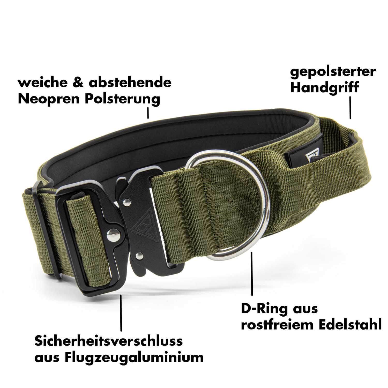 Taktisches Hundehalsband mit Griff von Bullsland Dogwear in Khaki mit deren Vorteilen.