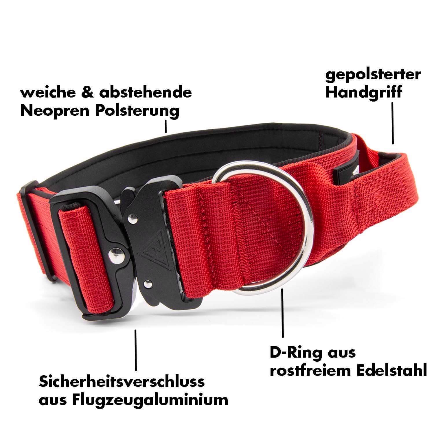 Taktisches Hundehalsband mit gepolstertem Handgriff und Neoprenpolsterung.