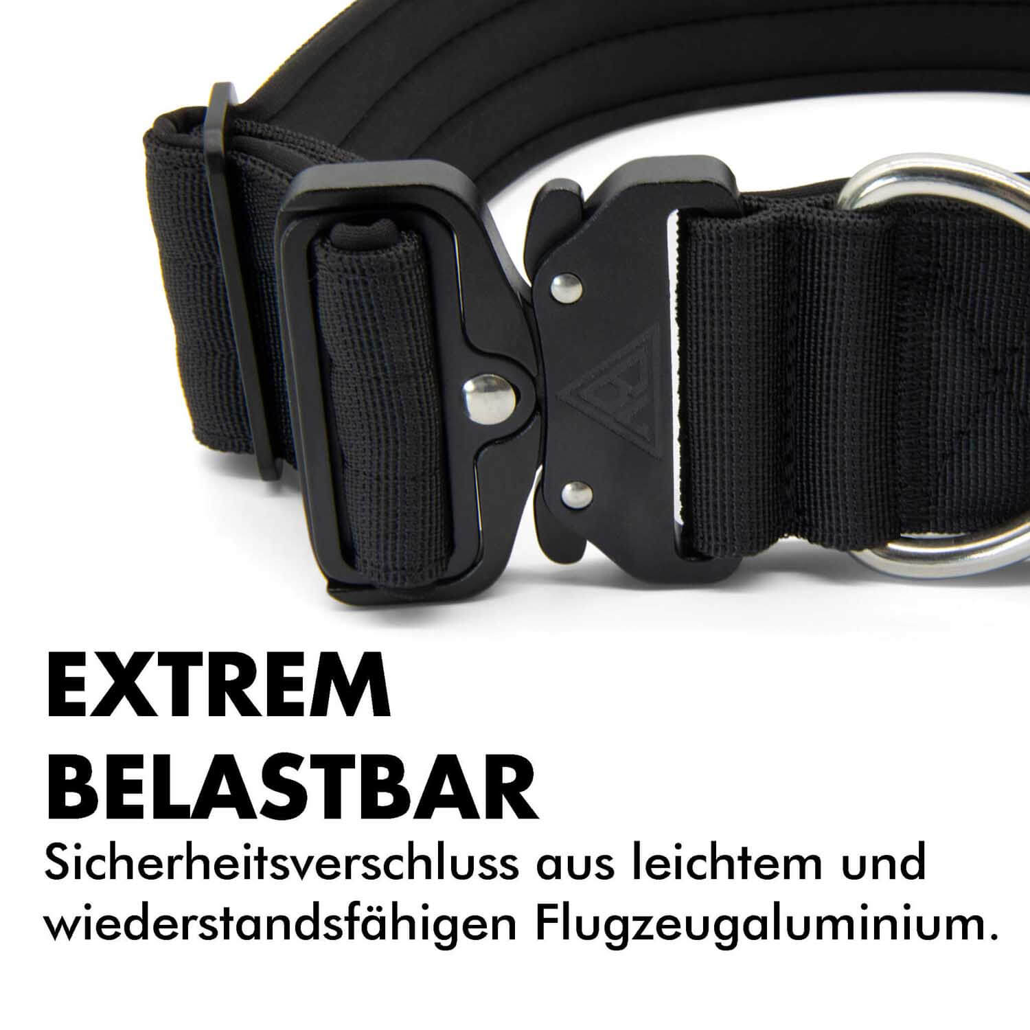 Sicherheitsverschluss vom schwarzen taktischen Hundehalsband von Bullsland Dogwear.