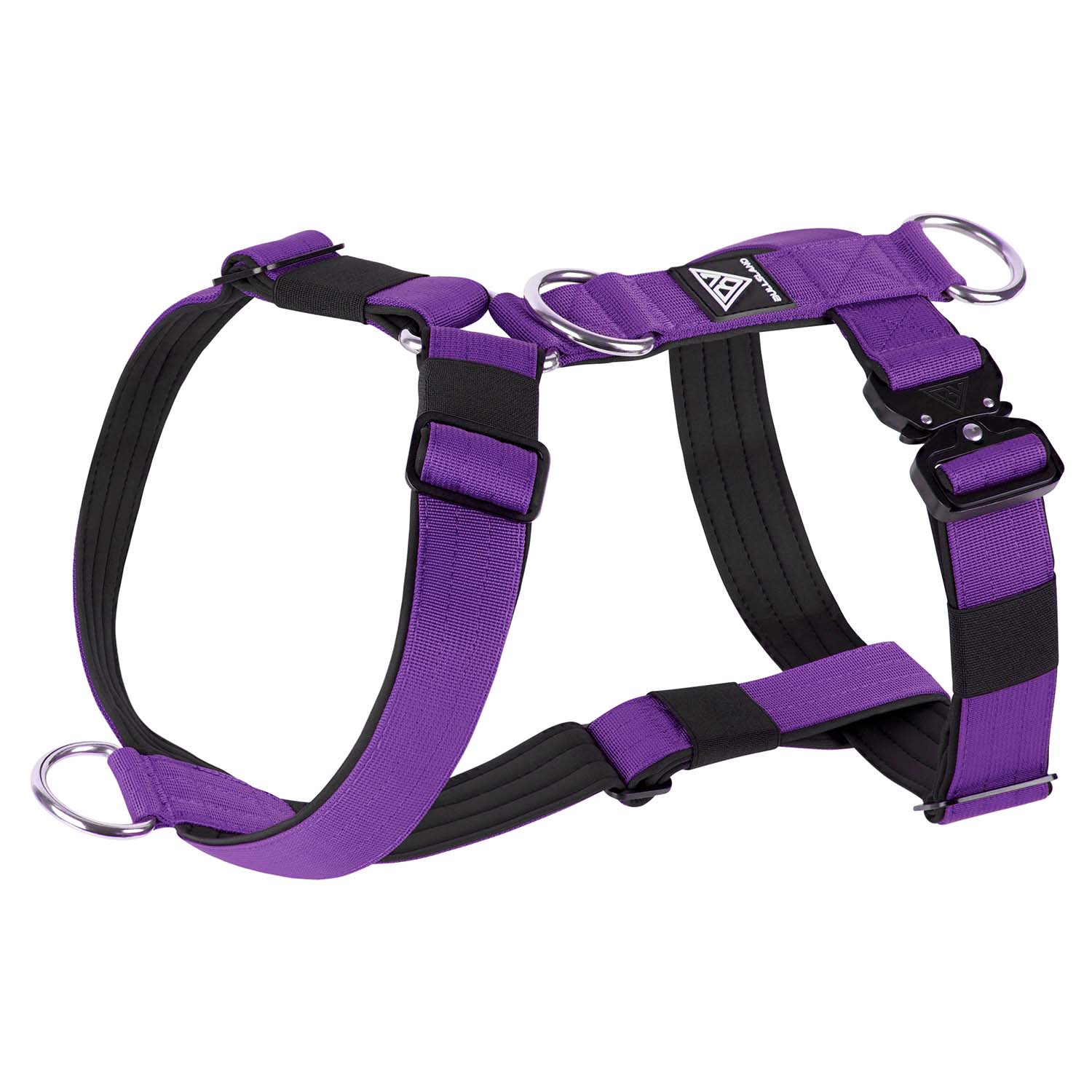 Taktisches Hundegeschirr in Lila mit gepolstertem Design und D-Ringen.