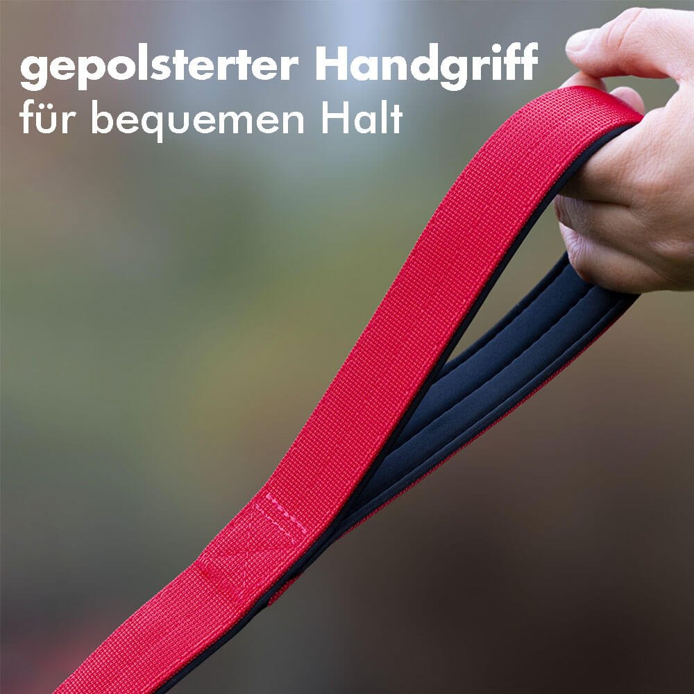 Rote Hundeleine mit gepolstertem Handgriff für bequemen Halt.