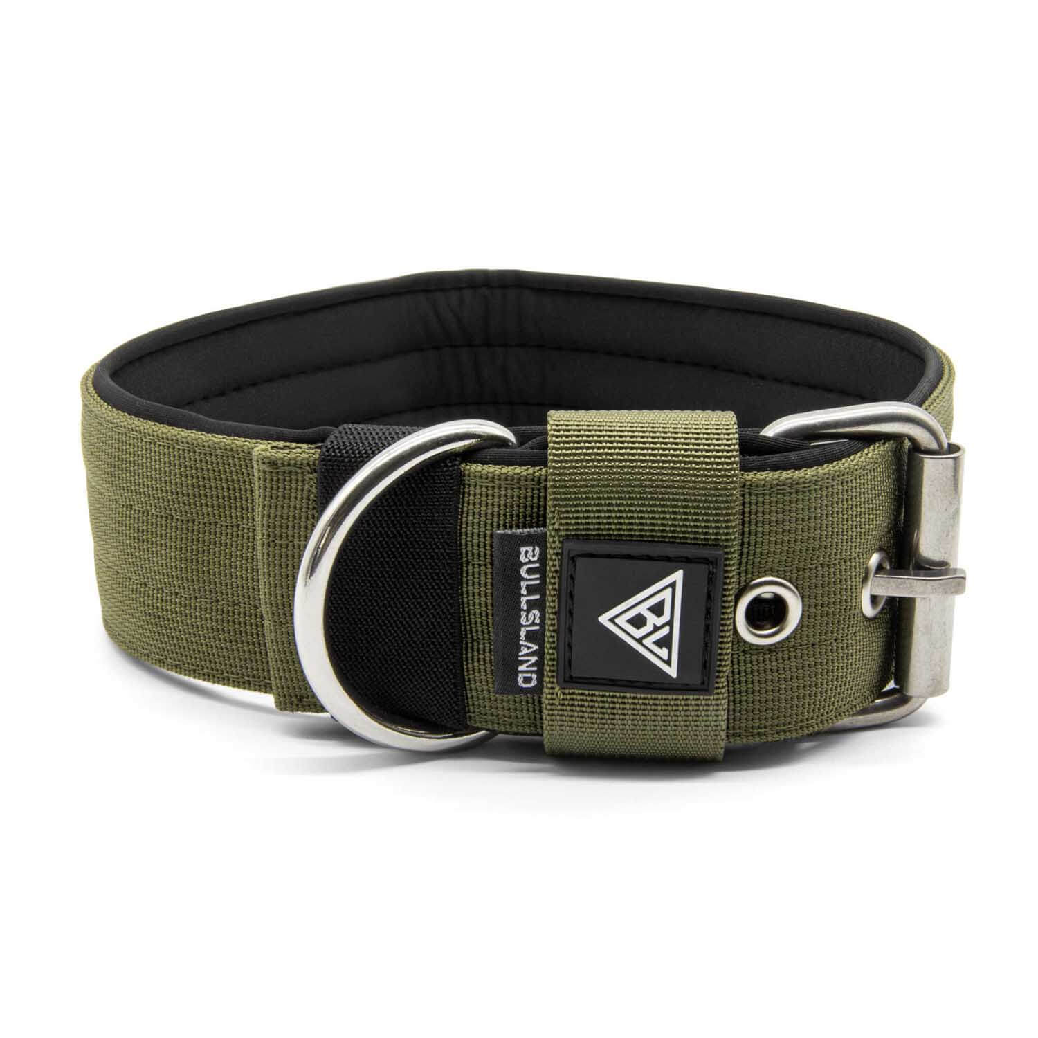 Khaki 5cm breites Nylonhalsband mit Edelstahl Dornschließe von Bullsland Dogwear