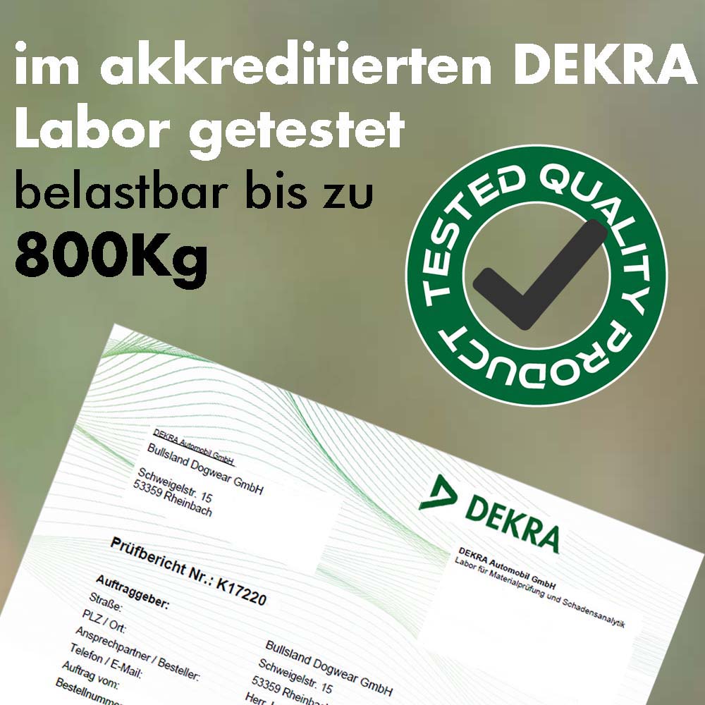 DEKRA-zertifiziertes Hundehalsband, getestet auf Belastbarkeit bis zu 800 kg.