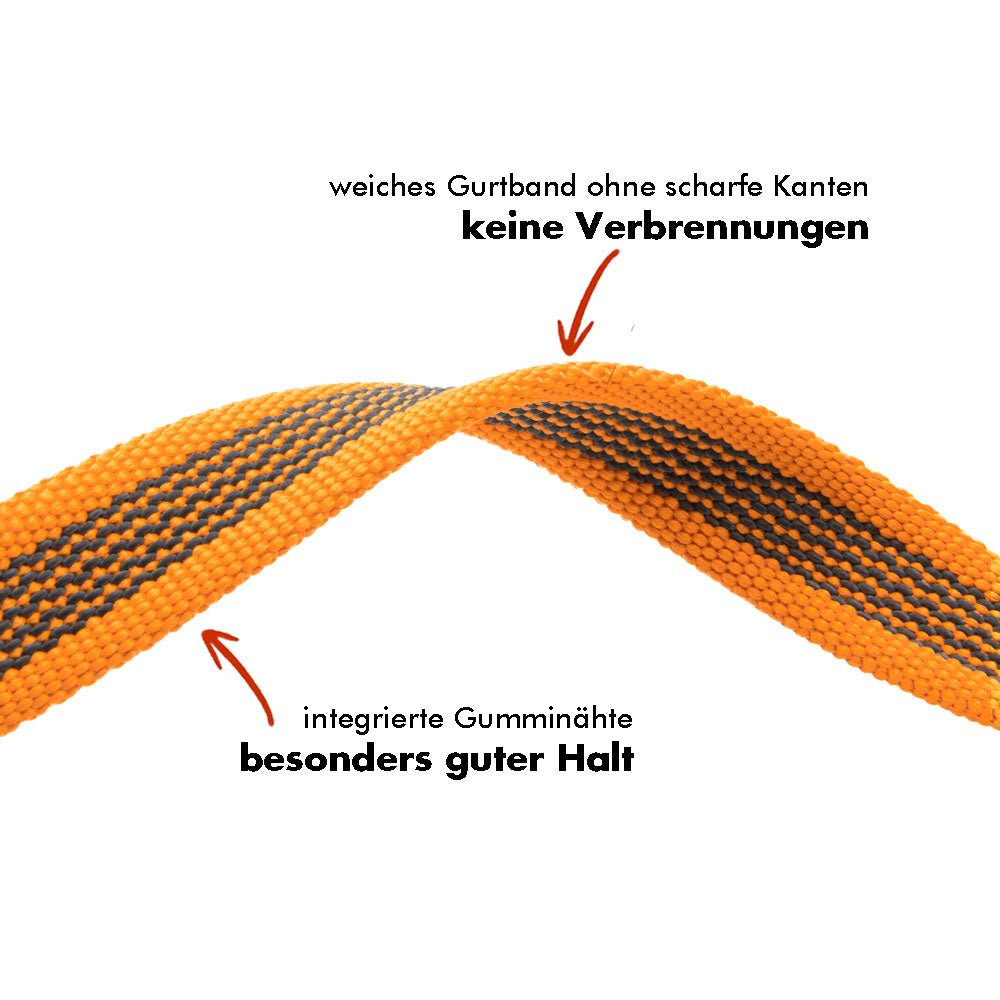 Orangene Schleppleine mit gummierten Nähten für sicheren Halt und Komfort.