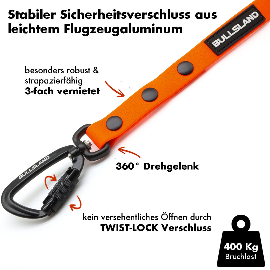PVC Schleppleine für Hunde – wasserfest & pflegeleicht, mit Twist‑Lock Sicherheitskarabiner & Neopren-Griff – Orange