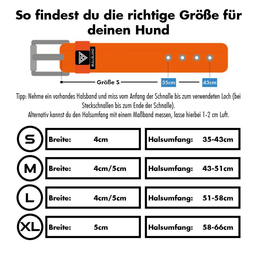 Größentabelle für Hundehalsband mit Breitenangaben und Halsumfang.