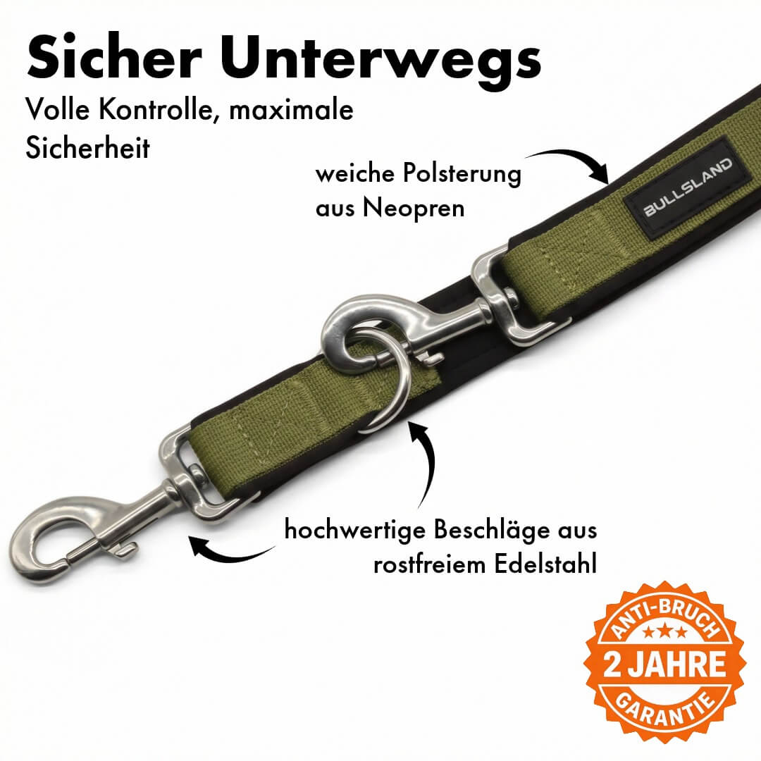 Hundeleine mit Edelstahl Karabiner- 3-fach verstellbar – mit Neoprenpolster - Navy Green