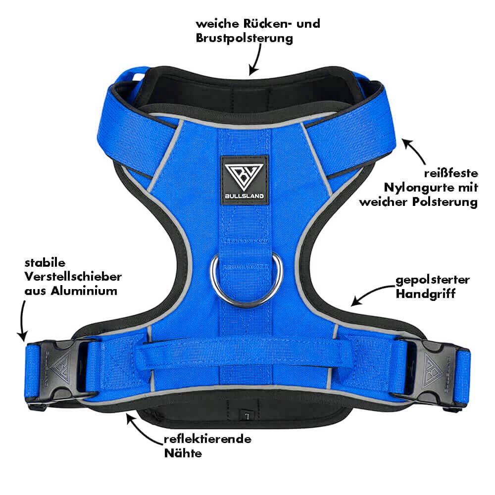 Blaues Hundegeschirr mit weicher Polsterung, reflektierenden Nähten und Aluminium-Verstellern.