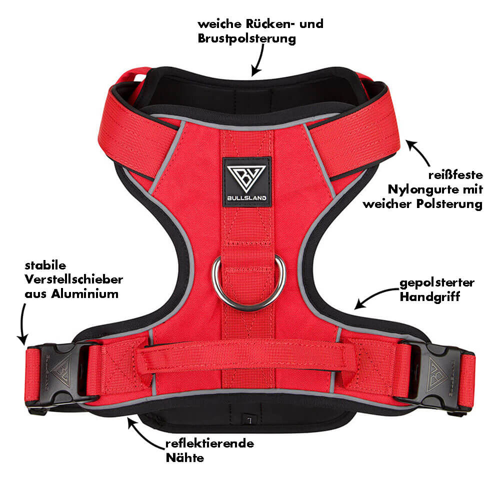 Rotes Hundegeschirr mit weicher Polsterung, reflektierenden Nähten und Aluminium-Verstellschiebern.