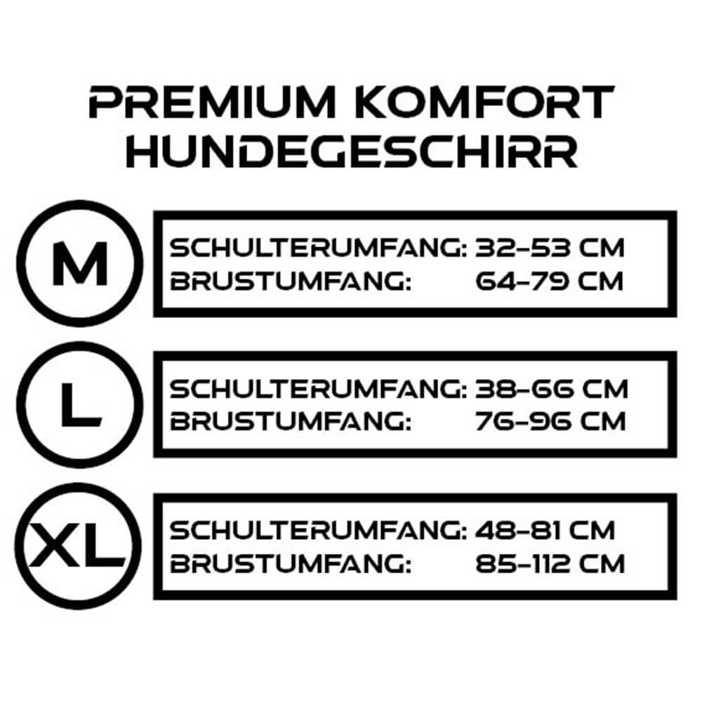 Größentabelle für das Premium Komfort Hundegeschirr in den Größen M, L und XL.