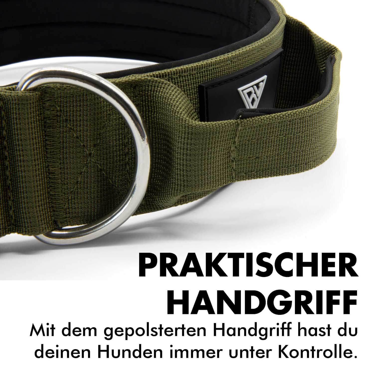 Taktisches Hundehalsband mit praktischem Handgriff von Bullsland Dogwear in khaki..
