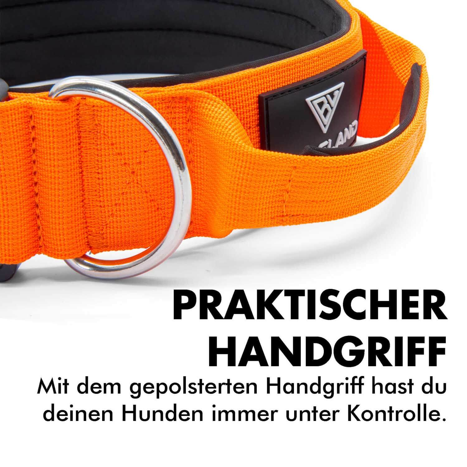 Taktisches Hundehalsband mit praktischem Handgriff von Bullsland Dogwear in orange..