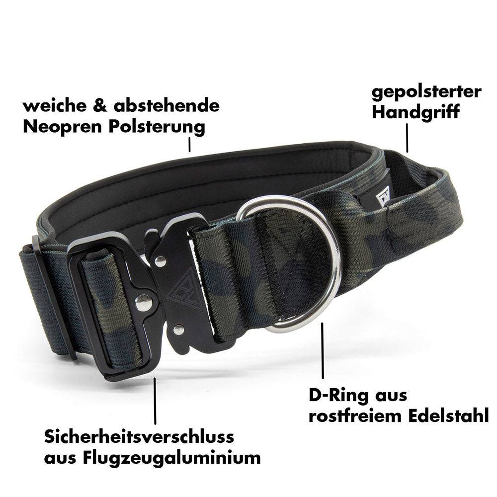 Taktisches Hundehalsband mit Handgriff, Neoprenpolsterung und Edelstahl-D-Ring.