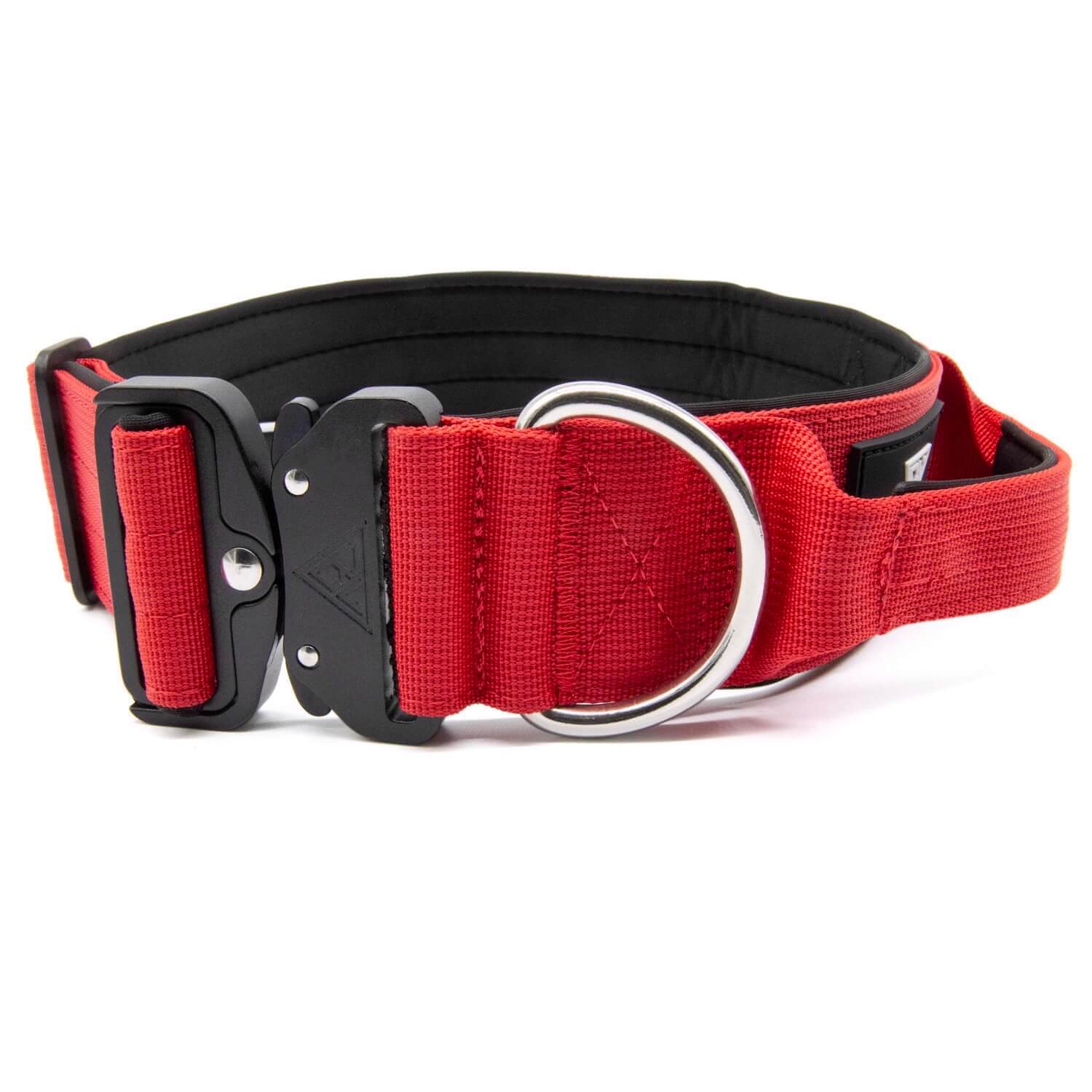 Rotes taktisches Hundehalsband mit Sicherheitsverschluss und D-Ring.